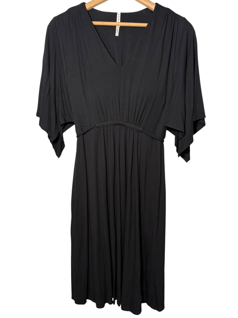 SOMA | Black Soft Jersey Caftan V-Neck Flutter Sleeve Midi Dress L Built In Bra - Picture 3 of 15